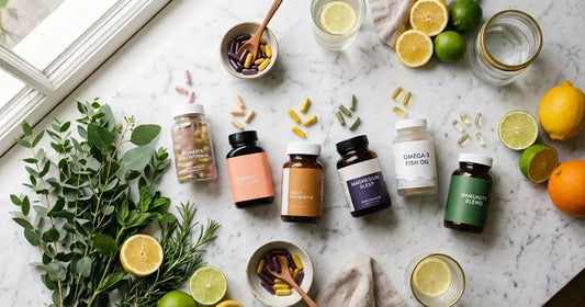 Women's wellness supplements arranged on a marble countertop with fresh produce