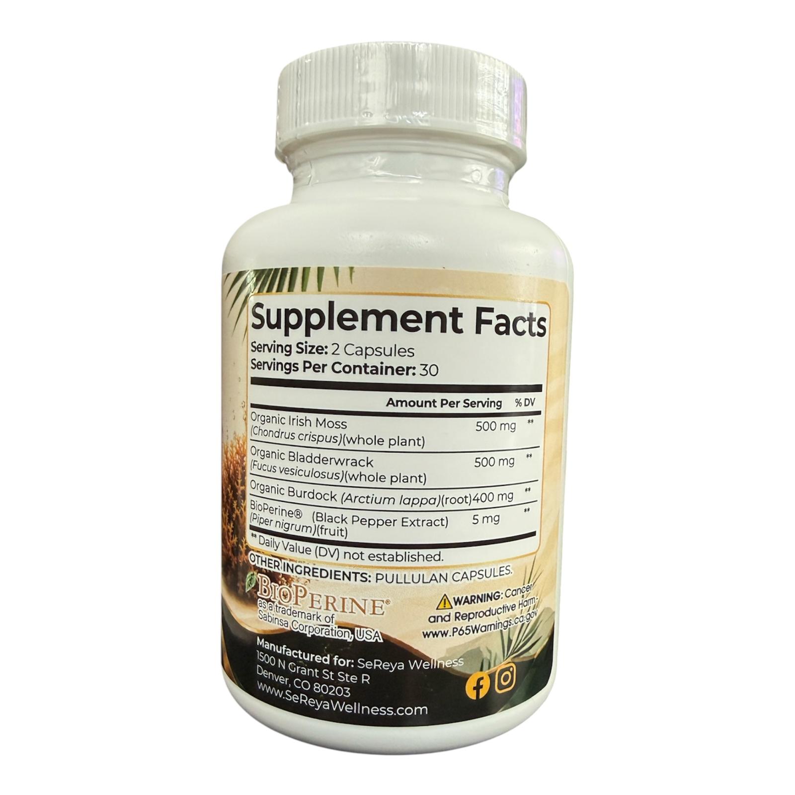 Sereya Sea Moss+ | Organic Irish Moss, Bladderwrack & Burdock Root with BioPerine® | 60 Capsules