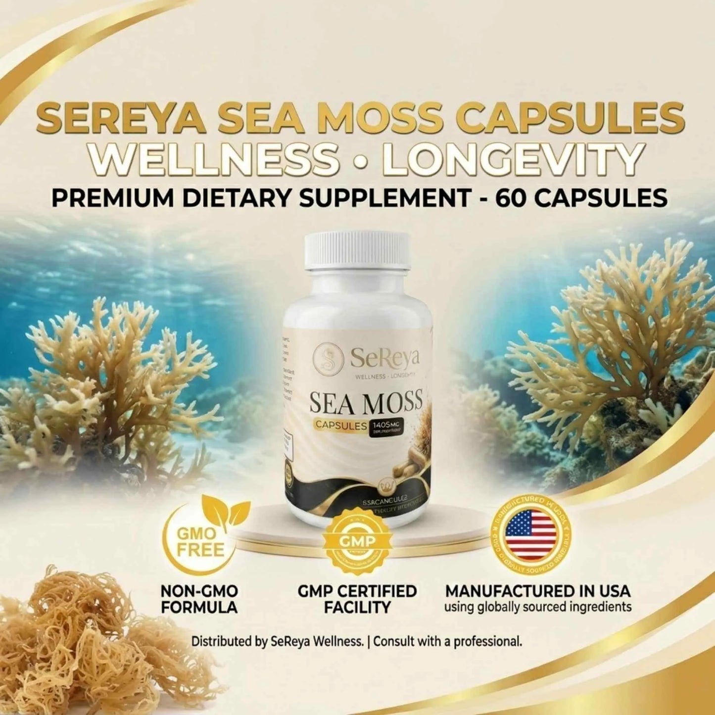 Sereya Sea Moss is a non-gmo, gmp certified, and made in usa supplement