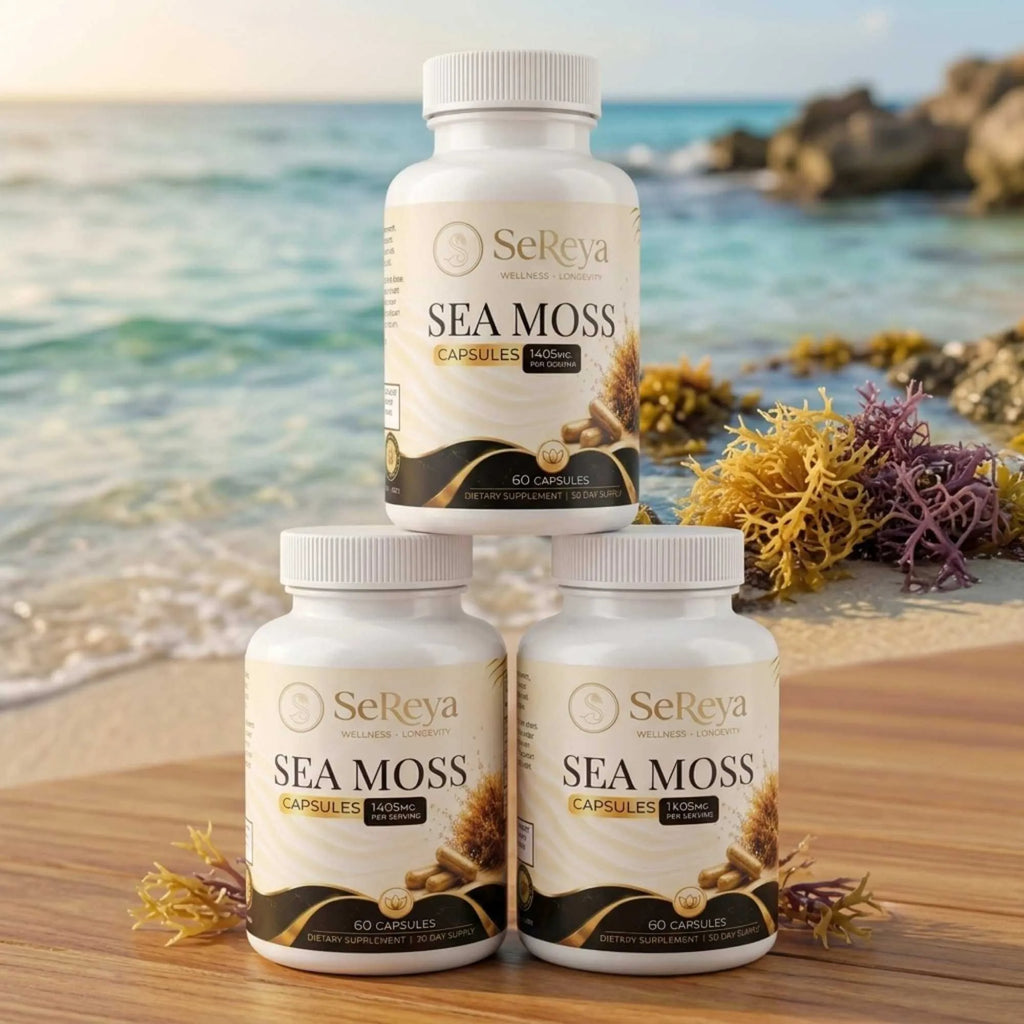 pile stack of Sereya Sea Moss capsules bottle