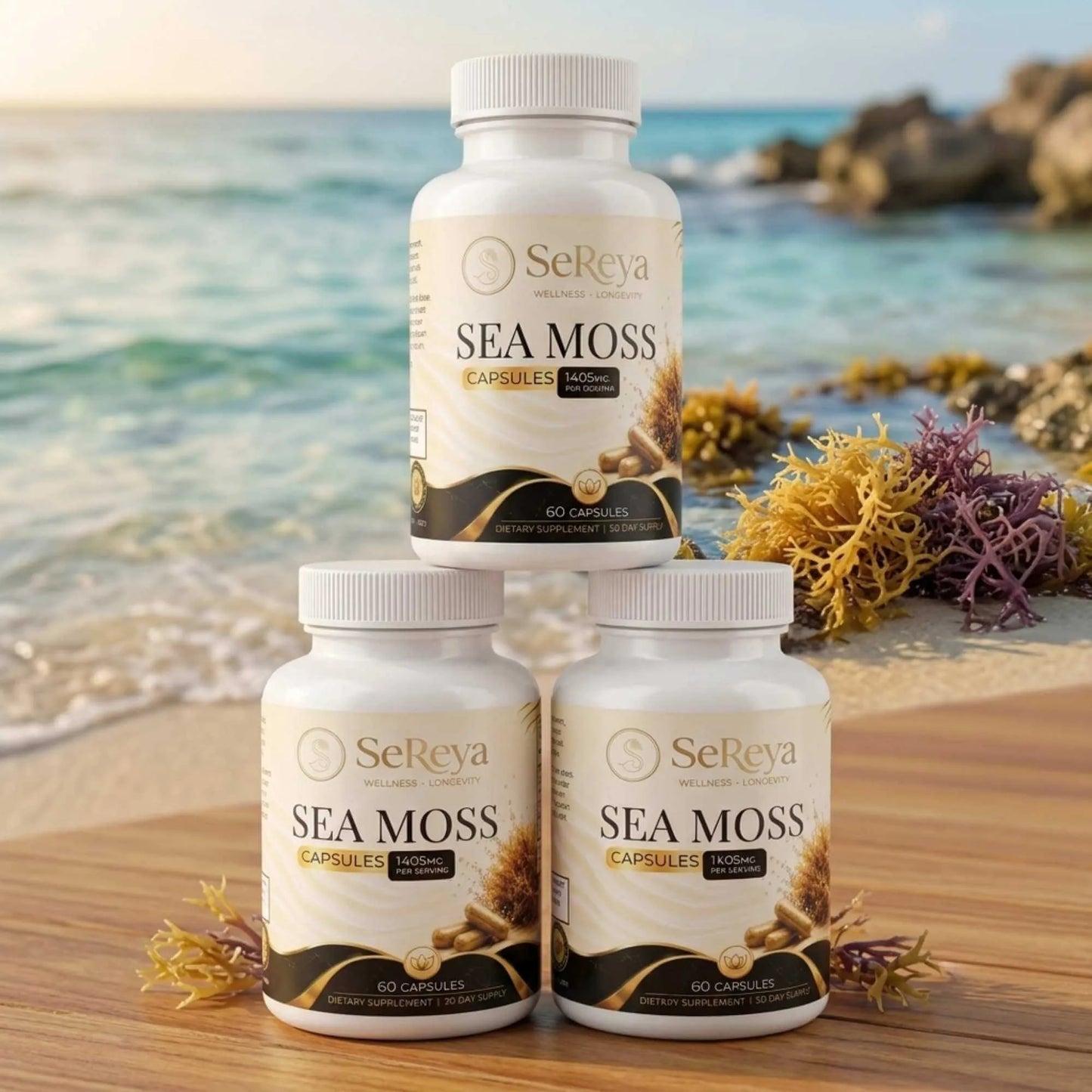 pile stack of Sereya Sea Moss capsules bottle