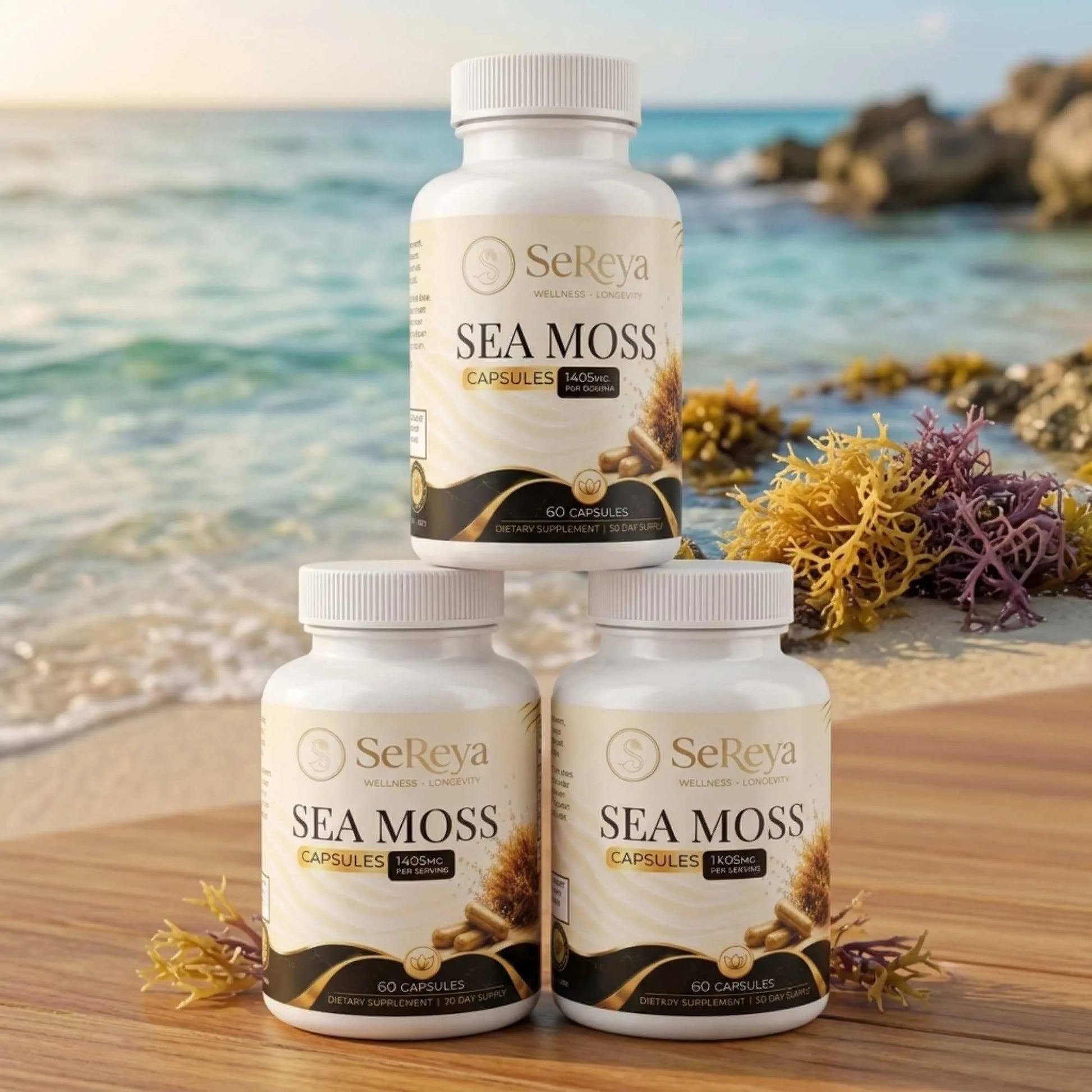 pile stack of Sereya Sea Moss capsules bottle