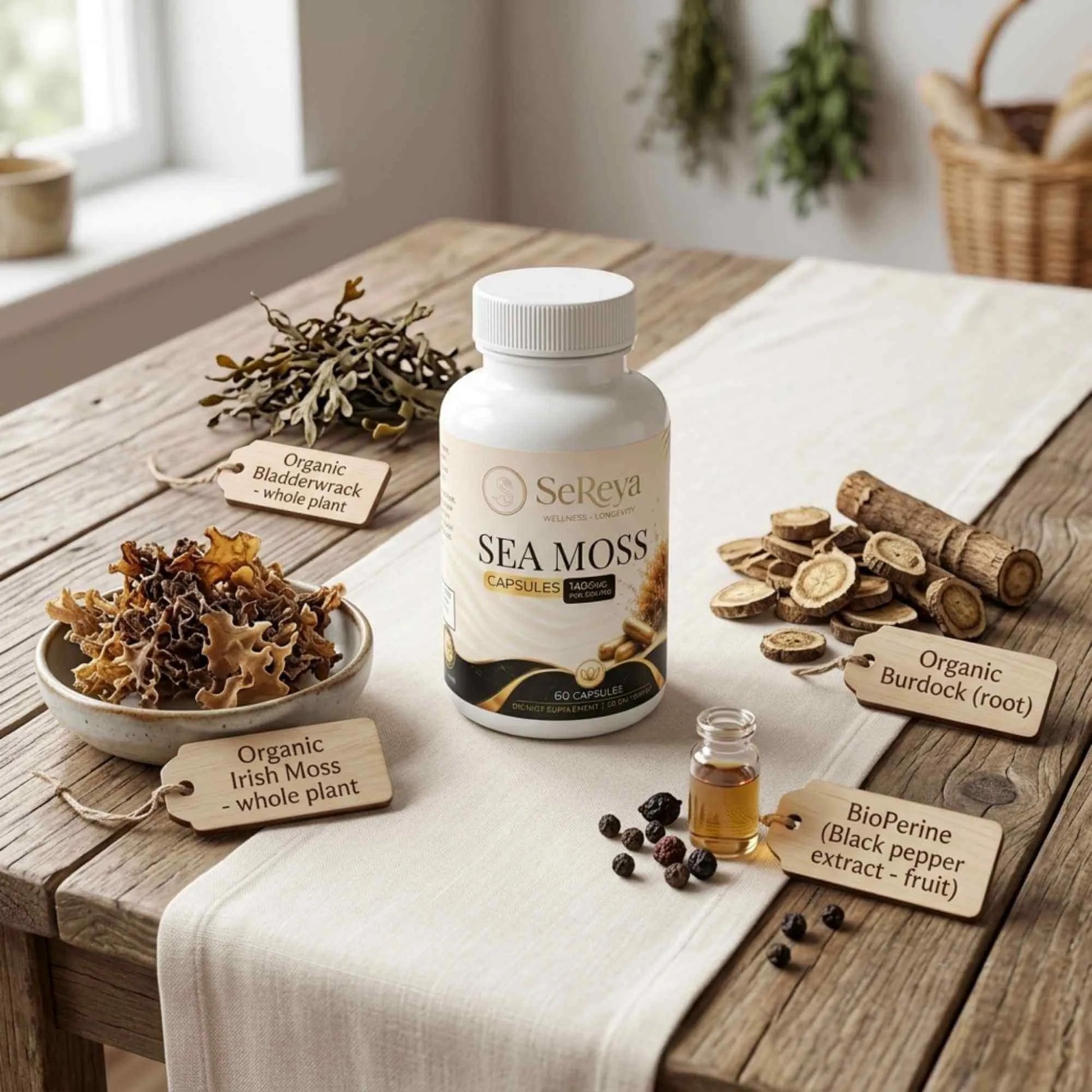 Organic Irish Moss and Bladderwrack raw ingredients used in Sereya Sea Moss+