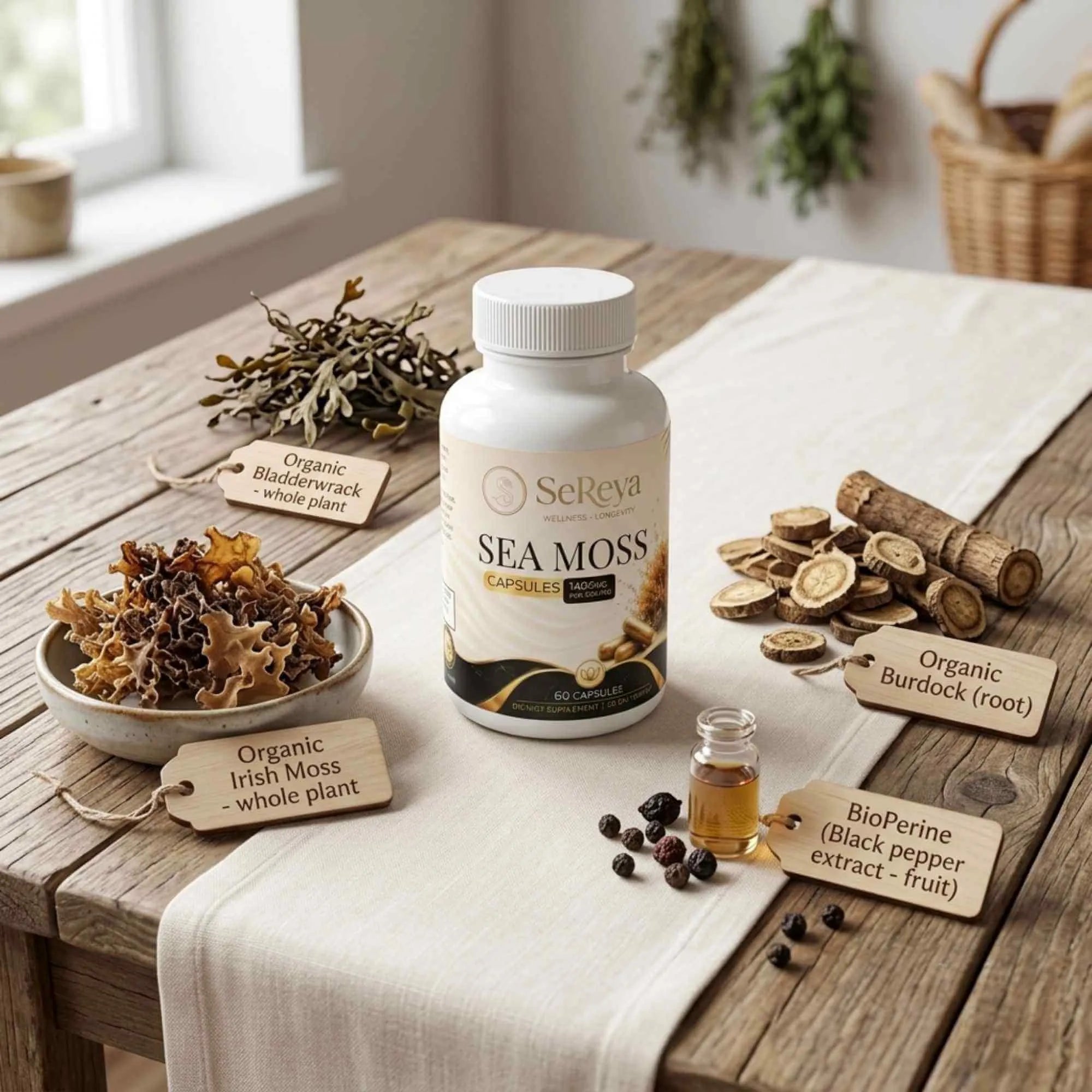 Organic Irish Moss and Bladderwrack raw ingredients used in Sereya Sea Moss+