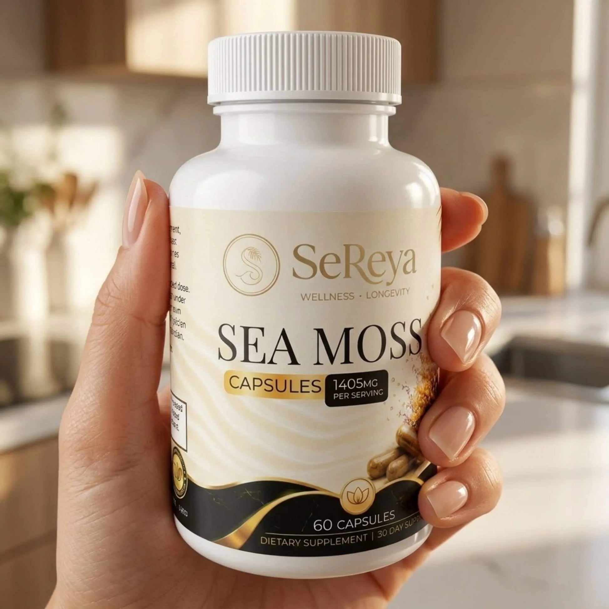 Sereya Sea Moss+ capsule closeup with BioPerine black pepper extract