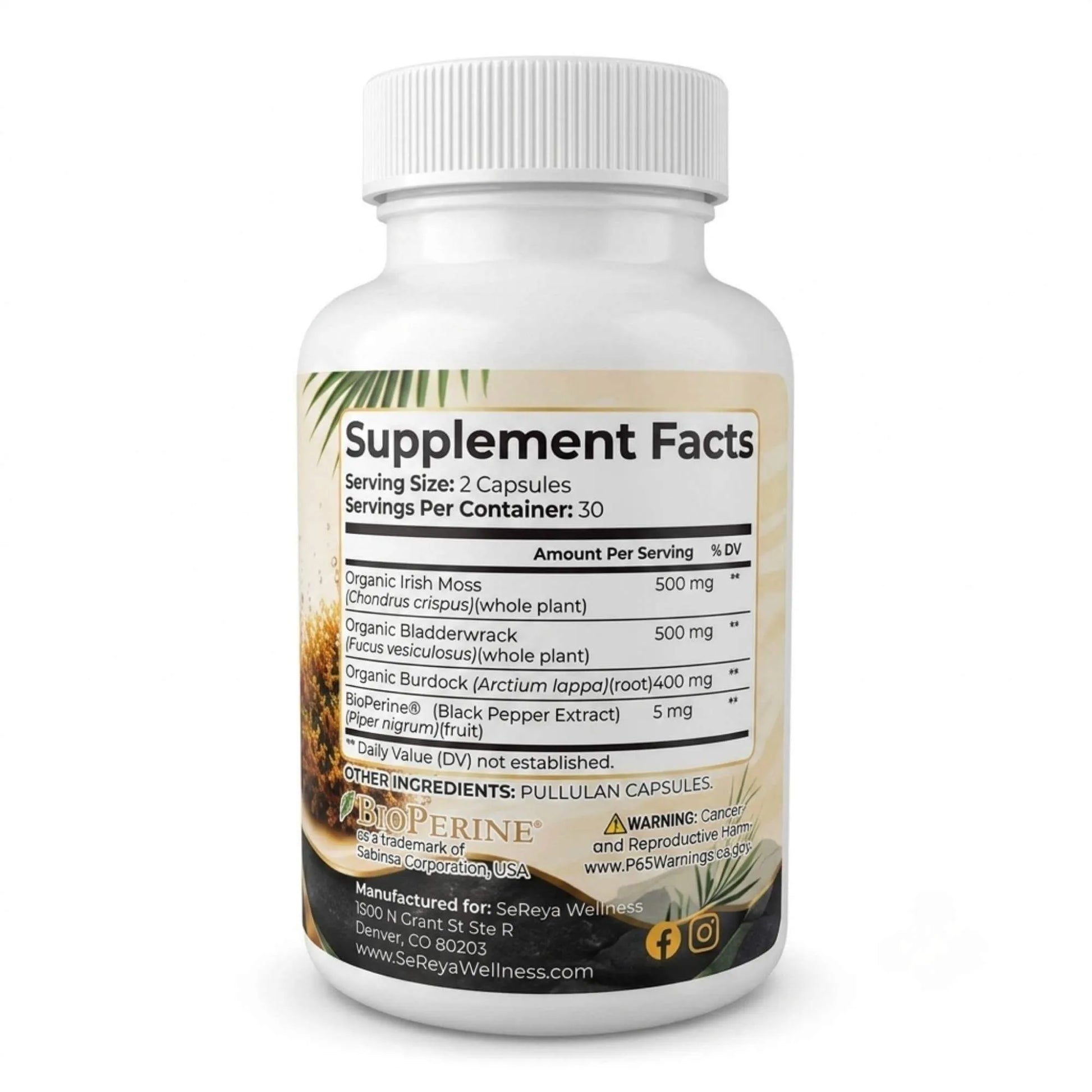 Sereya Sea Moss+ supplement facts label 60 capsules