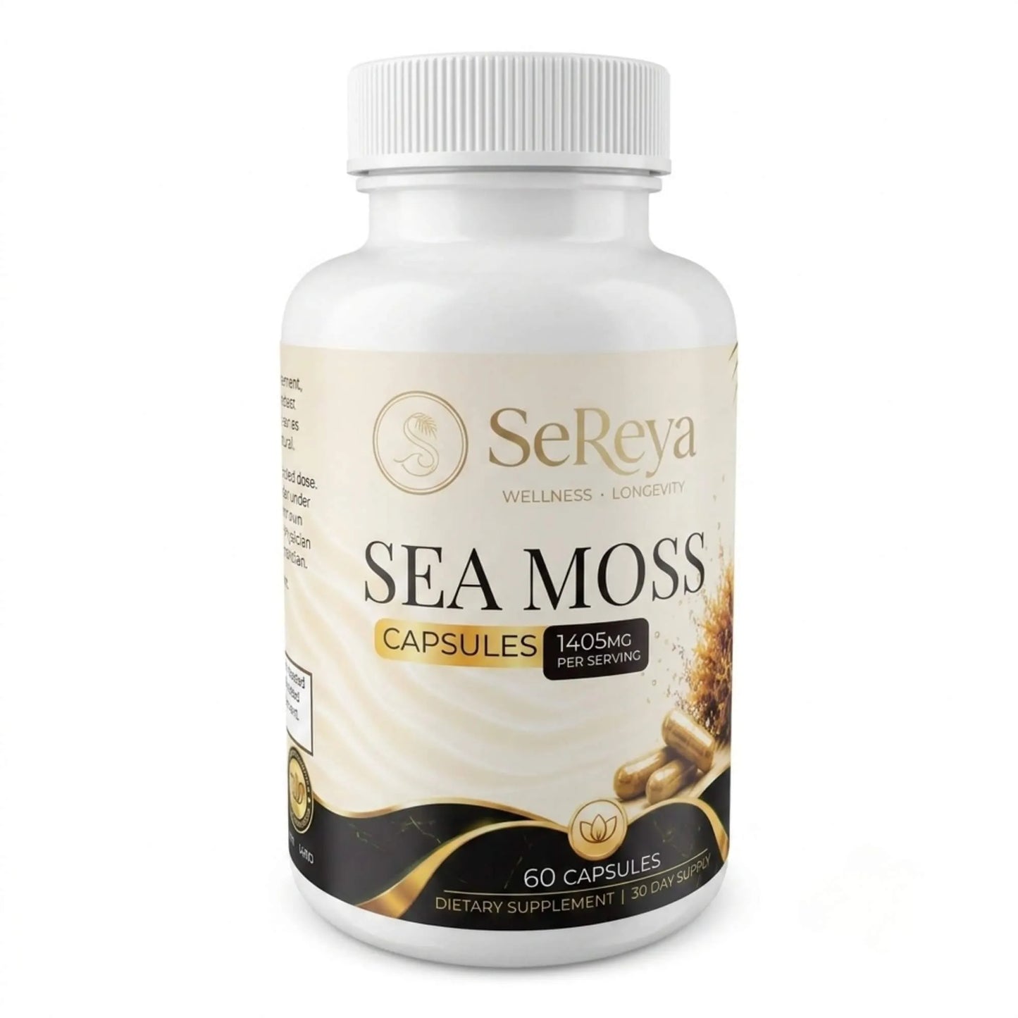 Sereya Sea Moss+ organic Irish moss bladderwrack burdock root capsules bottle